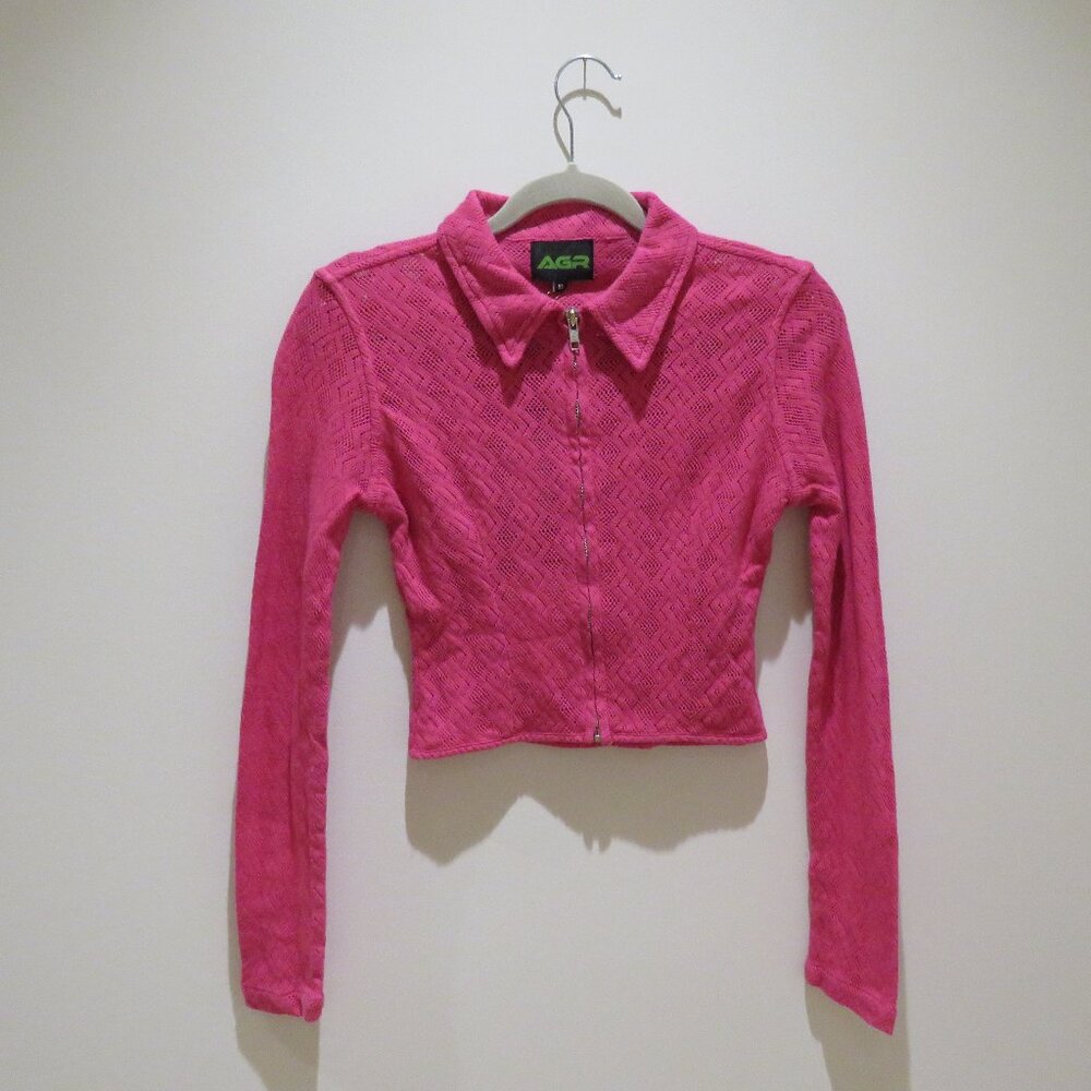 AGR Pointelle Lace Cropped Shirt in Vibrant Pink Preppy Avant Garde Y2K XS NWT - Picture 3 of 15